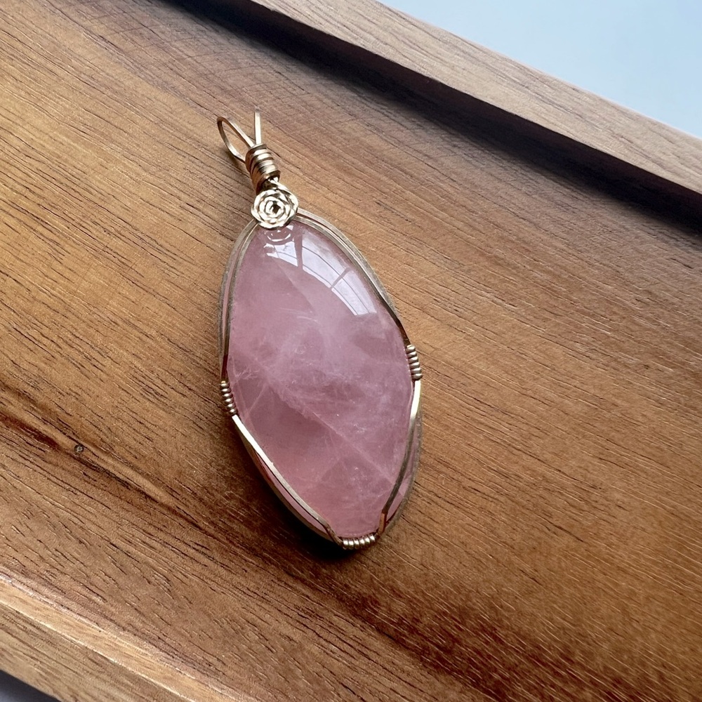 NEW Genuine Rose Quartz Pendant w/Goldtone wire wrap